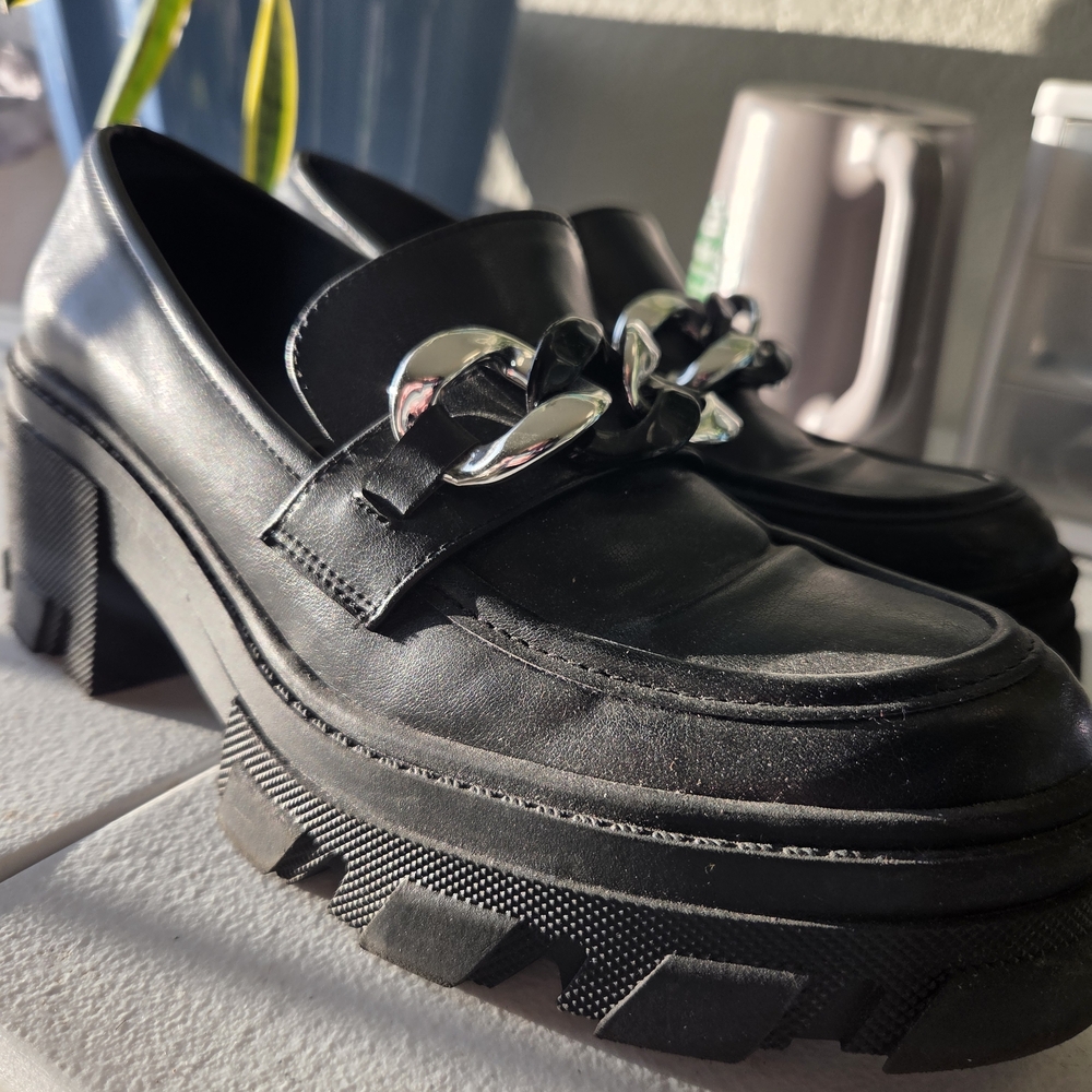 Black Chunky Loafers with Silver Chain